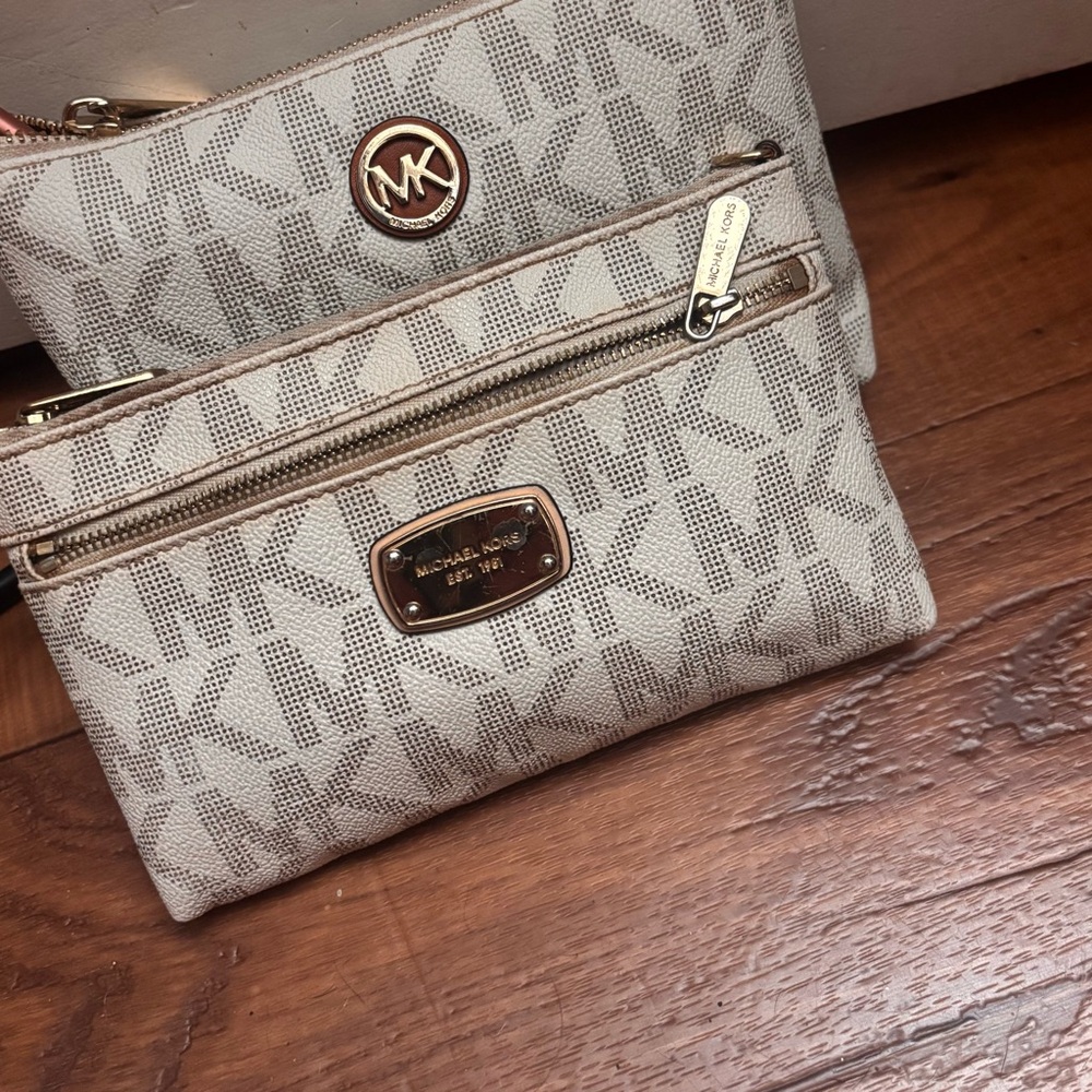 Michael Kors Neutral Logo Crossbody with Gold-Tone Accents